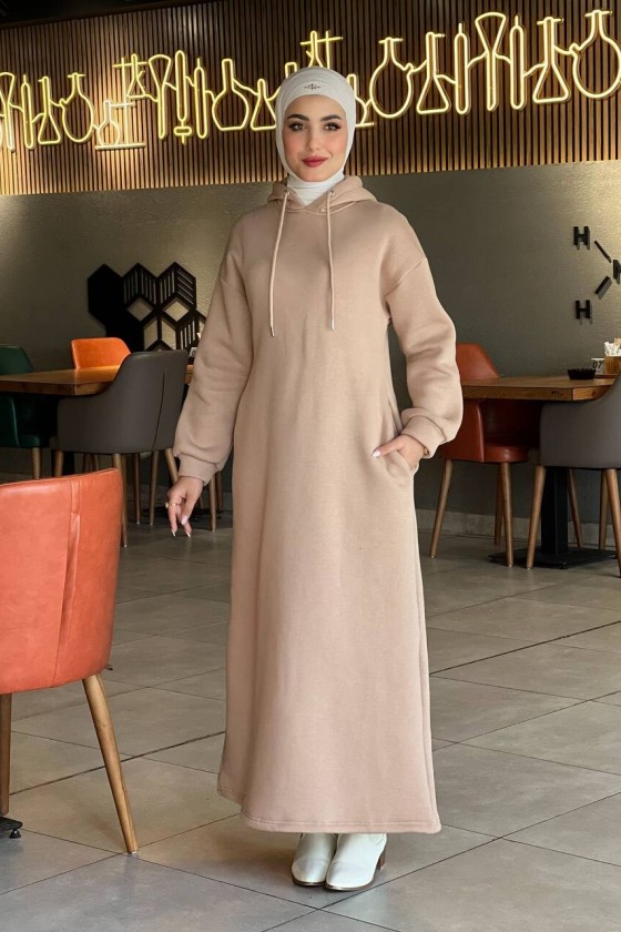 44108 - Üç İplik Tesettür Elbise Camel-I3
