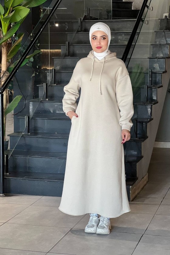 44108 - Üç İplik Tesettür Elbise Bej-I3 44108 - Üç İplik Tesettür Elbise Bej-I3