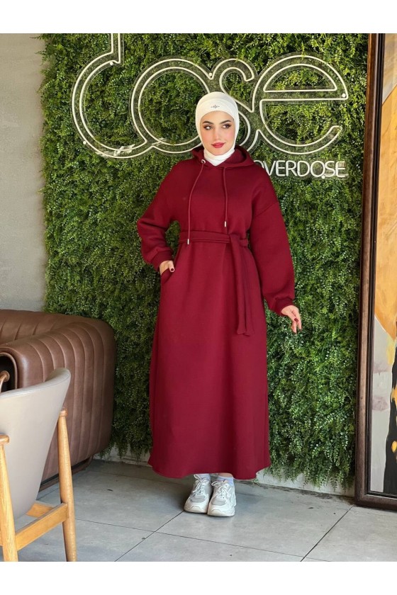 44108 - Üç İplik Tesettür Elbise Bordo-I3