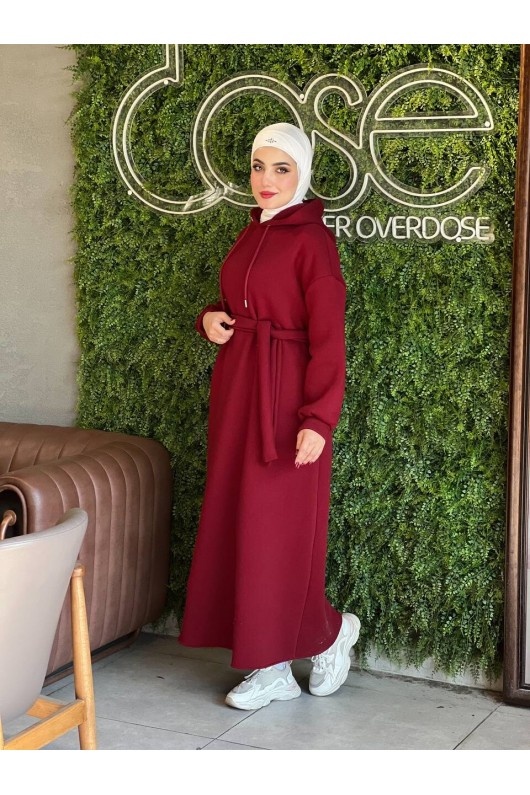 44108 - Üç İplik Tesettür Elbise Bordo-I3