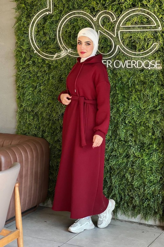 44108 - Üç İplik Tesettür Elbise Bordo-I3