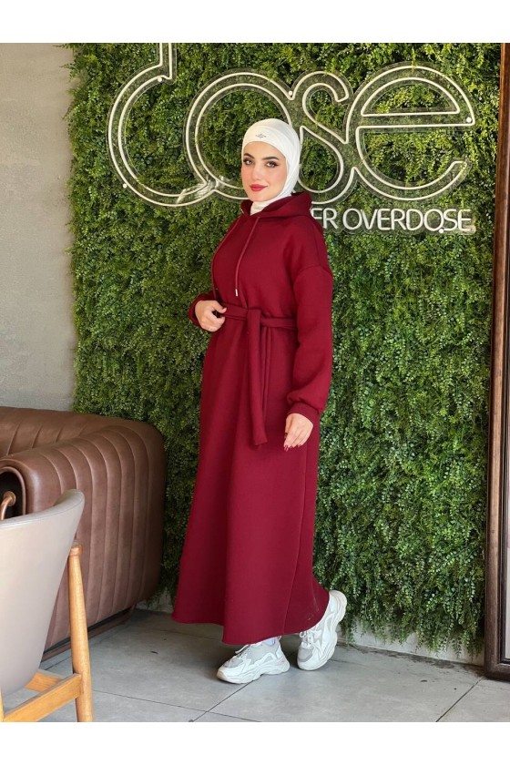 44108 - Üç İplik Tesettür Elbise Bordo-I3