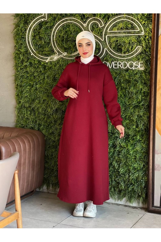 44108 - Üç İplik Tesettür Elbise Bordo-I3