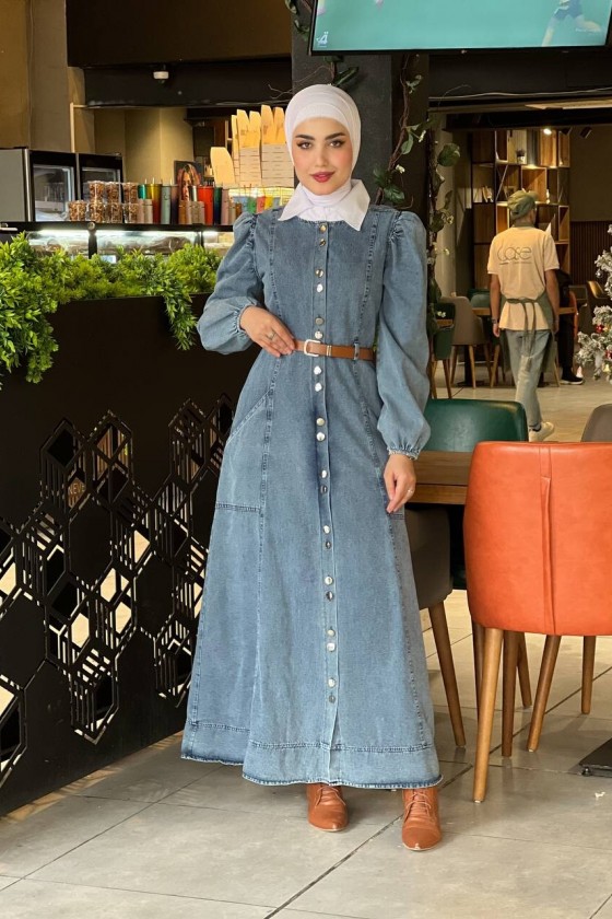 44115-Kot Tesettür Elbise Mavi̇-G2 44115-Kot Tesettür Elbise Mavi̇-G2