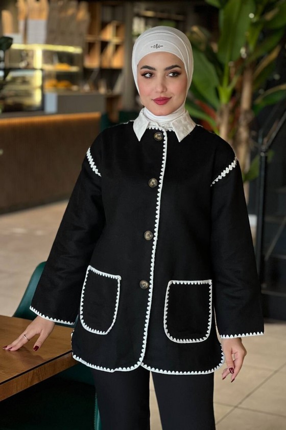 44102 - Dikiş Detaylı Kaşe Ceket Si̇yah-G1 44102 - Dikiş Detaylı Kaşe Ceket Si̇yah-G1