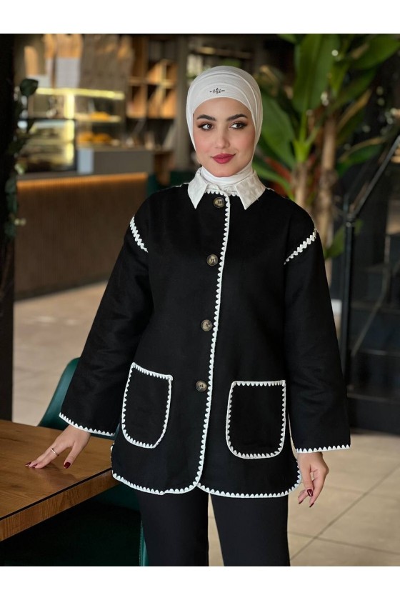 44102 - Dikiş Detaylı Kaşe Ceket Si̇yah-G1 44102 - Dikiş Detaylı Kaşe Ceket Si̇yah-G1