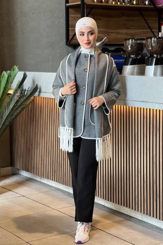 44102 - Dikiş Detaylı Kaşe Ceket Gri̇-G1