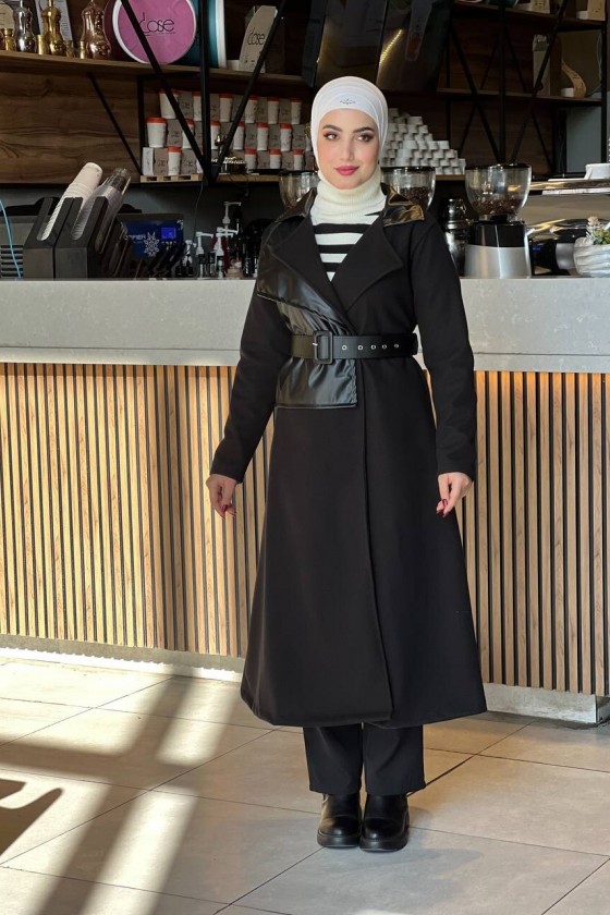 44114 - Deri Detaylı Tesettür Kaban Si̇yah-A3