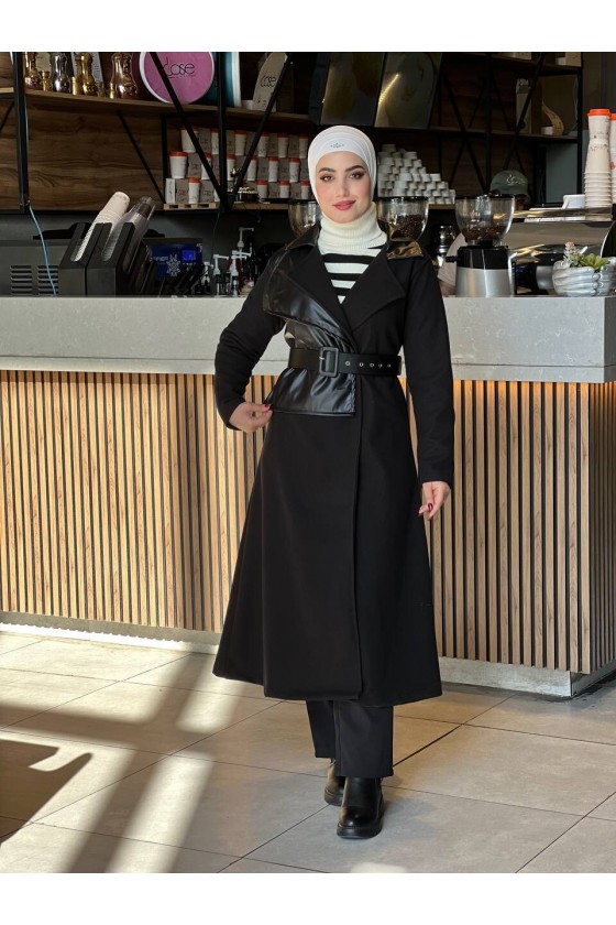 44114 - Deri Detaylı Tesettür Kaban Si̇yah-A3 44114 - Deri Detaylı Tesettür Kaban Si̇yah-A3