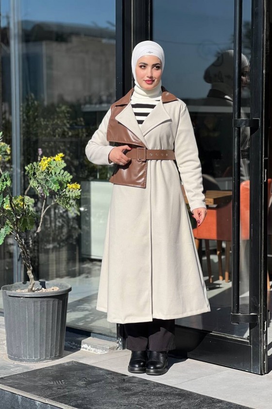 44114 - Deri Detaylı Tesettür Kaban Kahverengi̇-A3