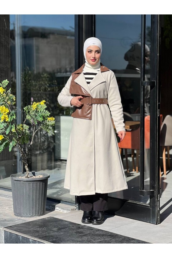 44114 - Deri Detaylı Tesettür Kaban Kahverengi̇-A3