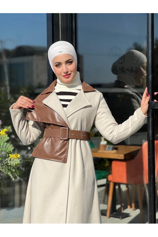 44114 - Deri Detaylı Tesettür Kaban Kahverengi̇-A3 44114 - Deri Detaylı Tesettür Kaban Kahverengi̇-A3