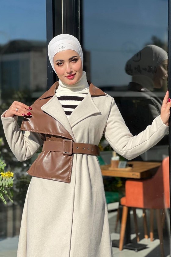 44114 - Deri Detaylı Tesettür Kaban Kahverengi̇-A3 44114 - Deri Detaylı Tesettür Kaban Kahverengi̇-A3