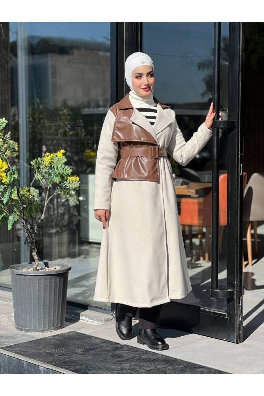 44114 - Deri Detaylı Tesettür Kaban Kahverengi̇-A3 44114 - Deri Detaylı Tesettür Kaban Kahverengi̇-A3