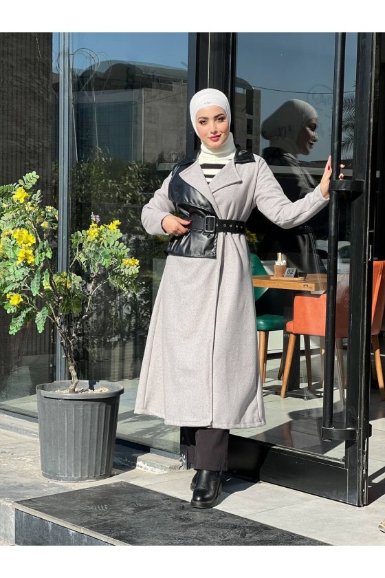 44114 - Deri Detaylı Tesettür Kaban Gri̇-A3