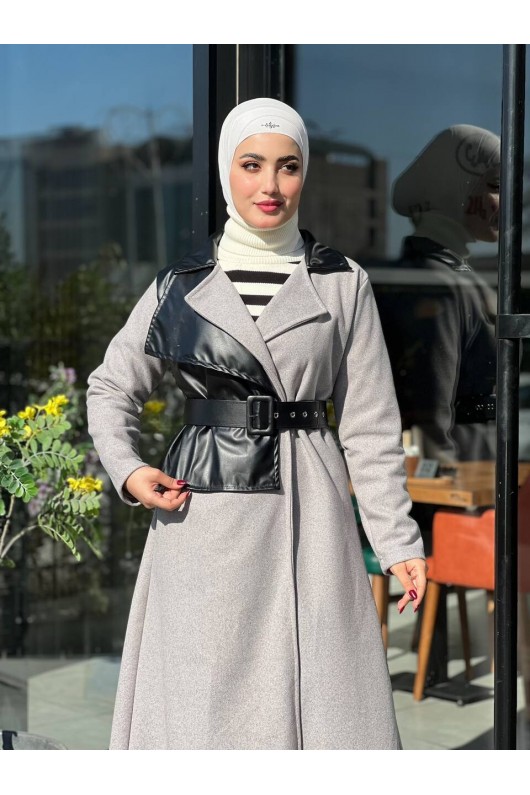 44114 - Deri Detaylı Tesettür Kaban Gri̇-A3 44114 - Deri Detaylı Tesettür Kaban Gri̇-A3