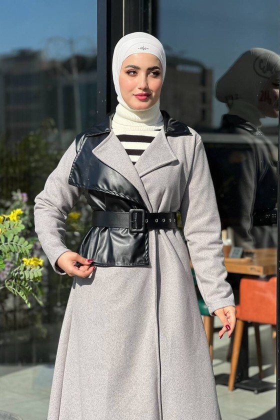 44114 - Deri Detaylı Tesettür Kaban Gri̇-A3 44114 - Deri Detaylı Tesettür Kaban Gri̇-A3