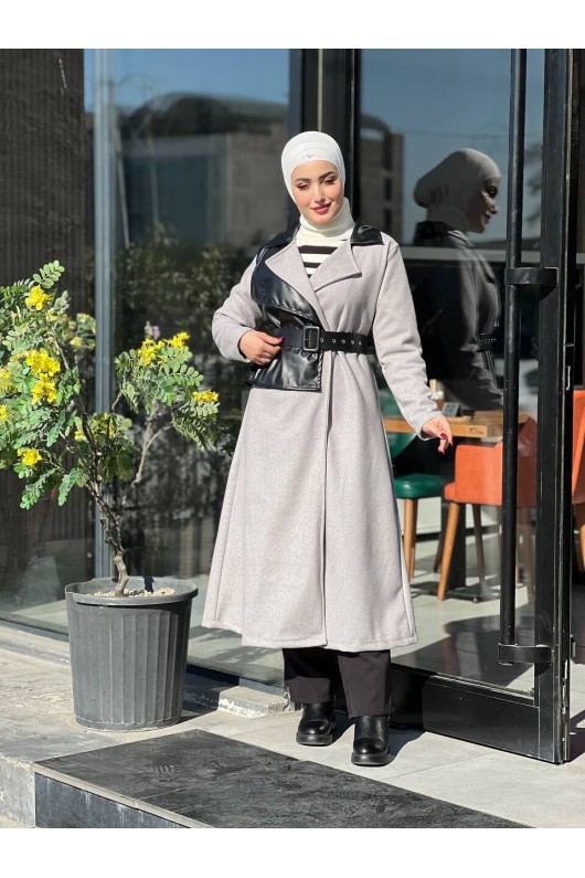 44114 - Deri Detaylı Tesettür Kaban Gri̇-A3 44114 - Deri Detaylı Tesettür Kaban Gri̇-A3