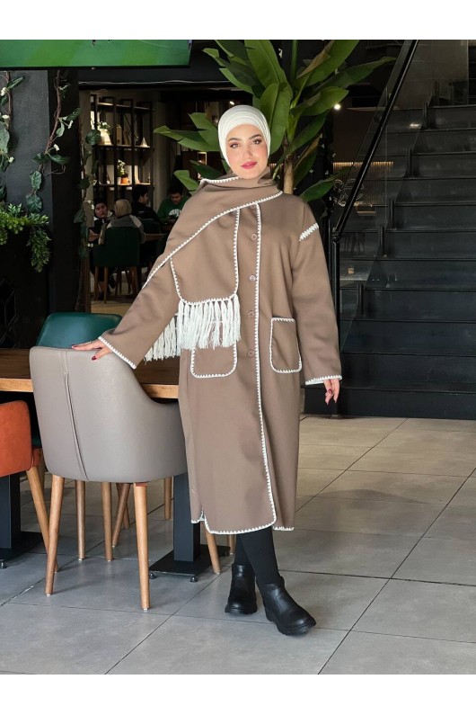 44117 - Dikiş Detaylı Kaşe Kaban Bej