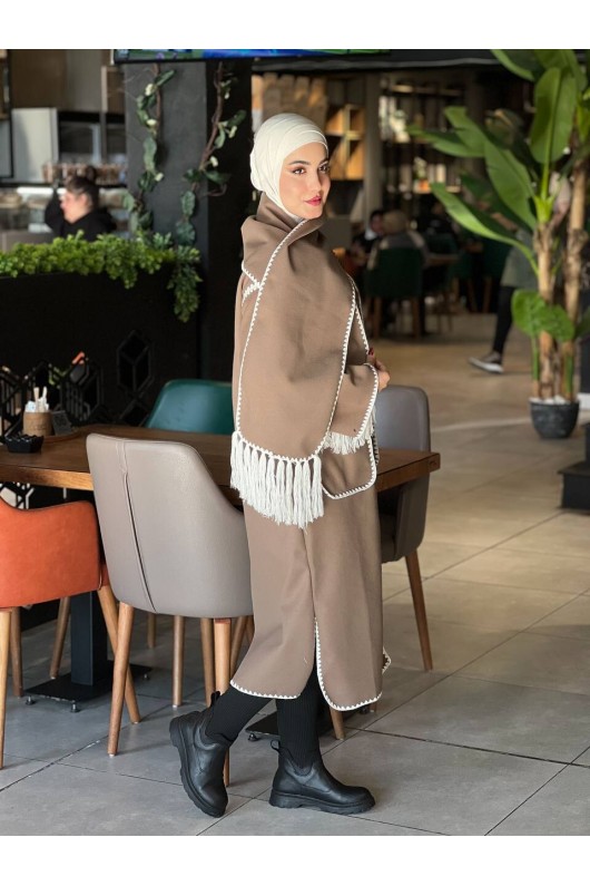44117 - Dikiş Detaylı Kaşe Kaban Bej