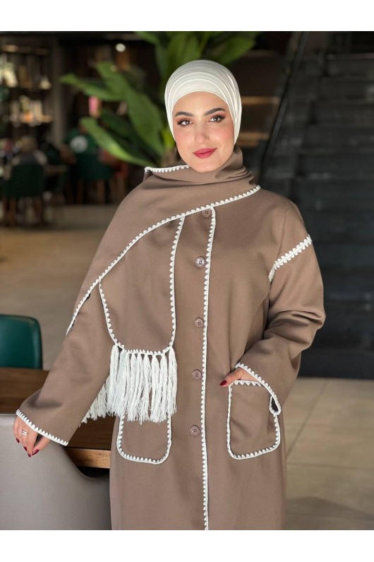 44117 - Dikiş Detaylı Kaşe Kaban Bej