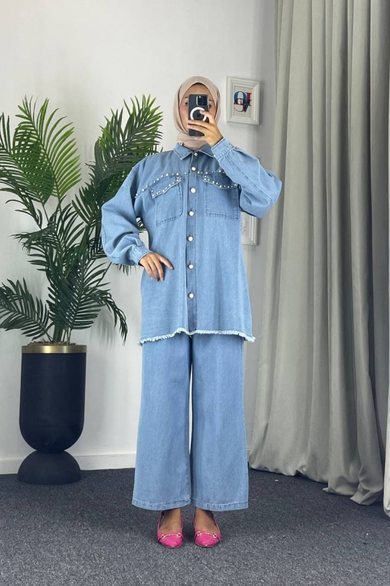 0778 - Kot Tesettür İkili Takım Mavi̇ G 3