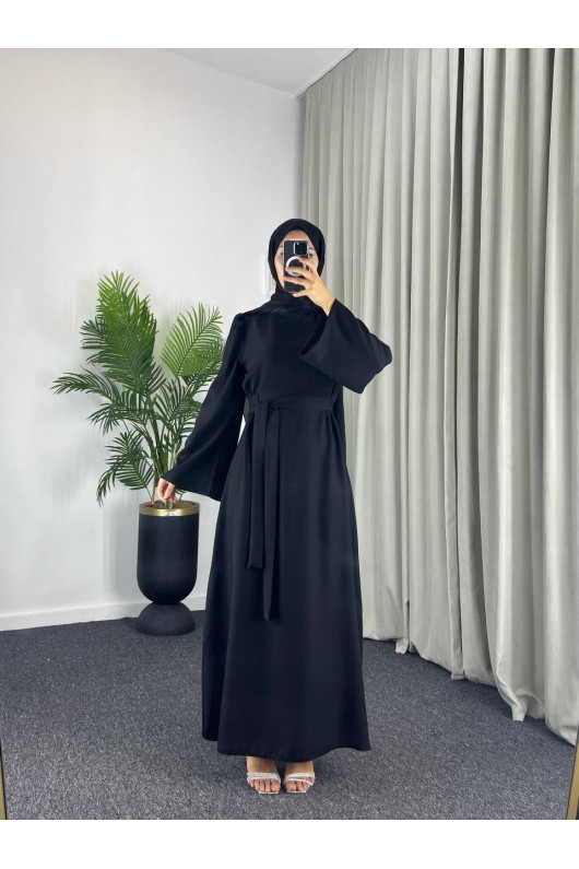 4536 - Kemerli Tesettür Elbise Si̇yah