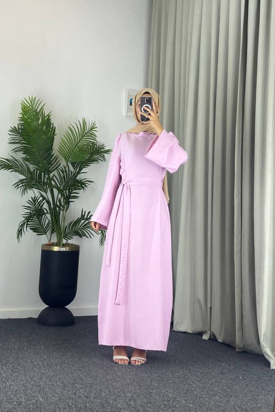 4536 - Kemerli Tesettür Elbise Pembe