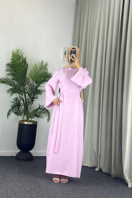 4536 - Kemerli Tesettür Elbise Pembe 4536 - Kemerli Tesettür Elbise Pembe