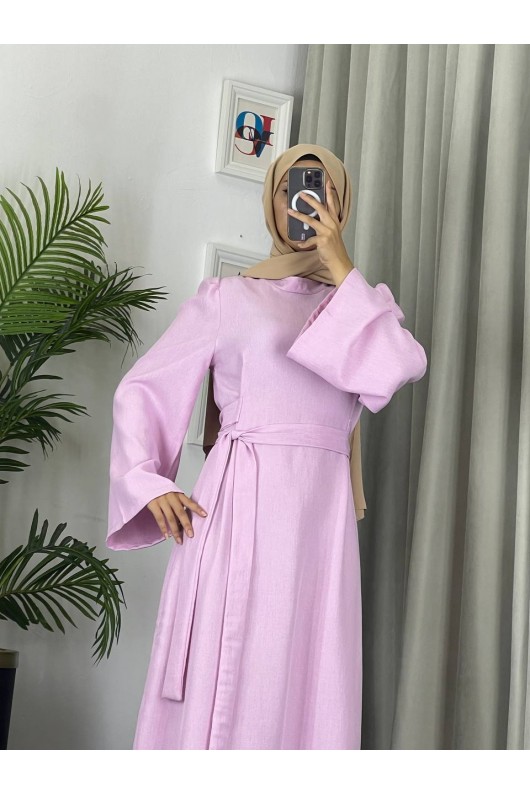 4536 - Kemerli Tesettür Elbise Pembe