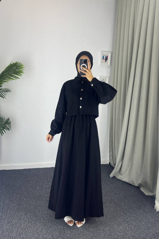 0831 - Kot Kumaş İkili Tesettür Takım Si̇yah G-4 0831 - Kot Kumaş İkili Tesettür Takım Si̇yah G-4