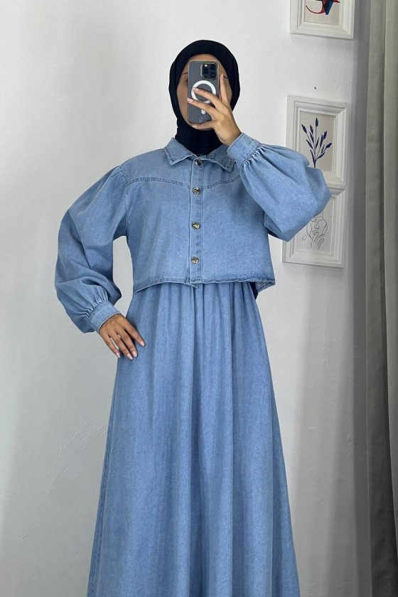 0831 - Kot Kumaş İkili Tesettür Takım Açık Mavi G-4