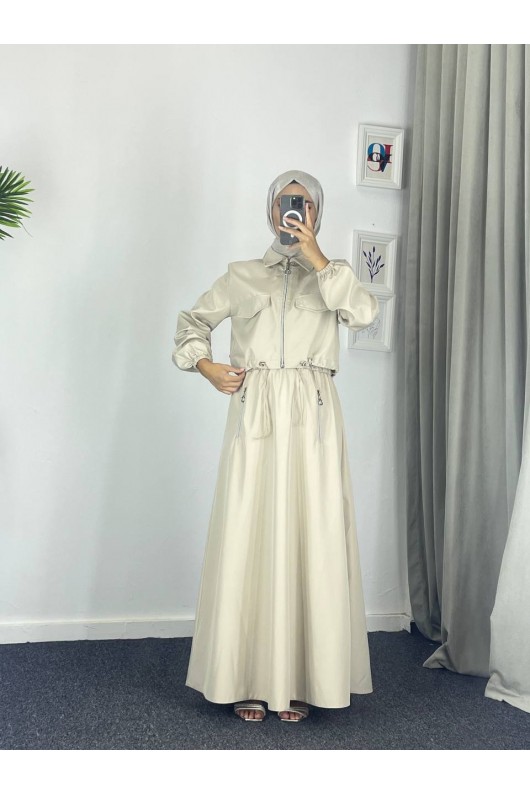 0903 - Bondit Kumaş İkili Tesettür Takım Bej -c 9