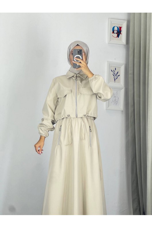 0903 - Bondit Kumaş İkili Tesettür Takım Bej -c 9