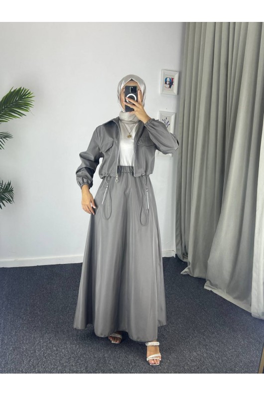 0903 - Bondit Kumaş İkili Tesettür Takım Gri̇-c 9