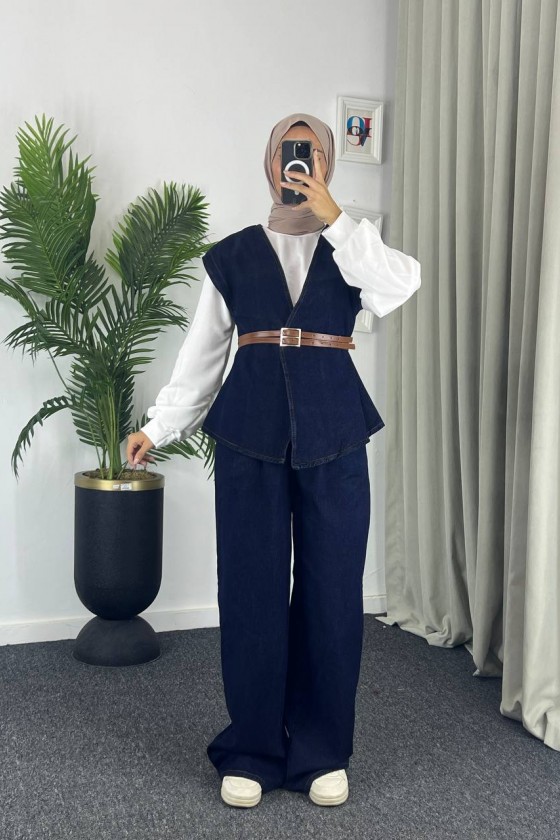 4040 - Kot Kumaş İkili Tesettür Takım Mavi̇ E-5