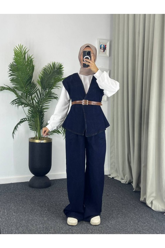 4040 - Kot Kumaş İkili Tesettür Takım Mavi̇ E-5