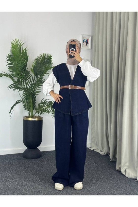 4040 - Kot Kumaş İkili Tesettür Takım Mavi̇ E-5