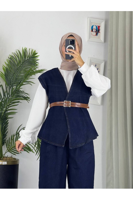 4040 - Kot Kumaş İkili Tesettür Takım Mavi̇ E-5