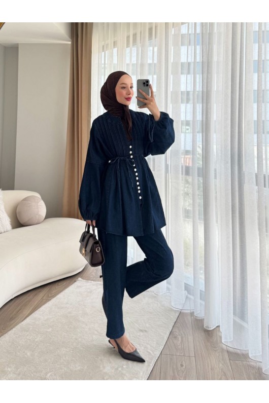 4044 - Kot Tesettür İkili Takım Laci̇vert A-10