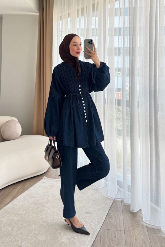 4044 - Kot Tesettür İkili Takım Laci̇vert A-10