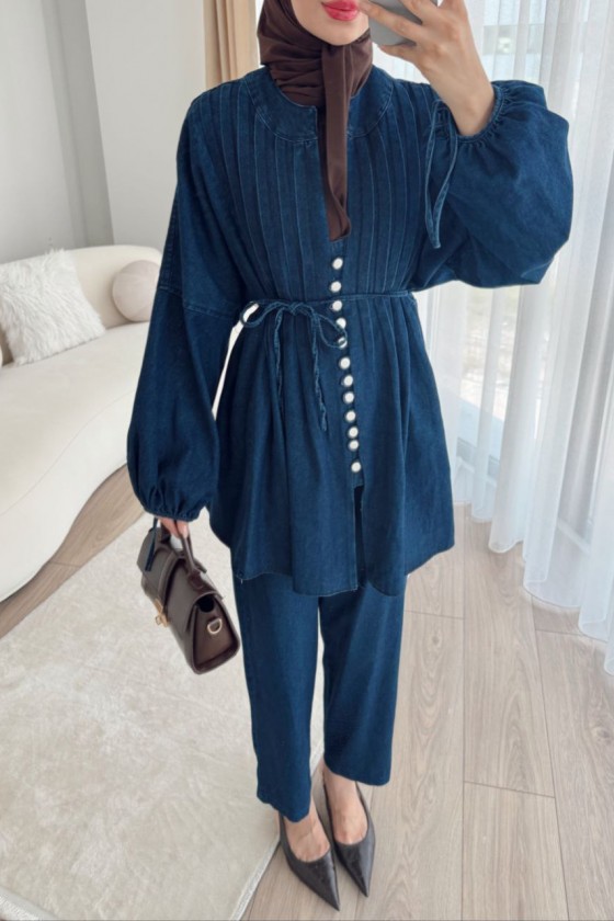 4044 - Kot Tesettür İkili Takım Laci̇vert A-10