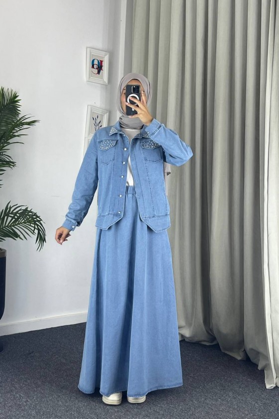 4090 - Kot Tesettür İkili Takım Mavi̇ E-5