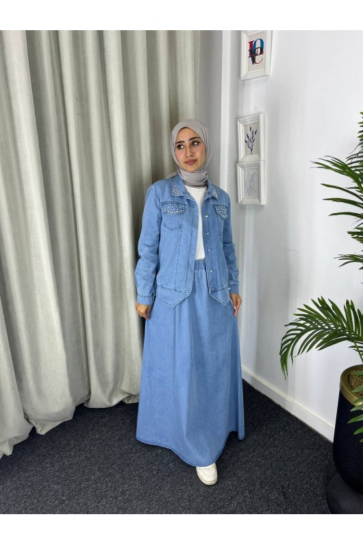 4090 - Kot Tesettür İkili Takım Mavi̇ E-5
