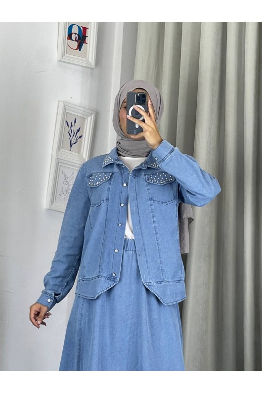 4090 - Kot Tesettür İkili Takım Mavi̇ E-5