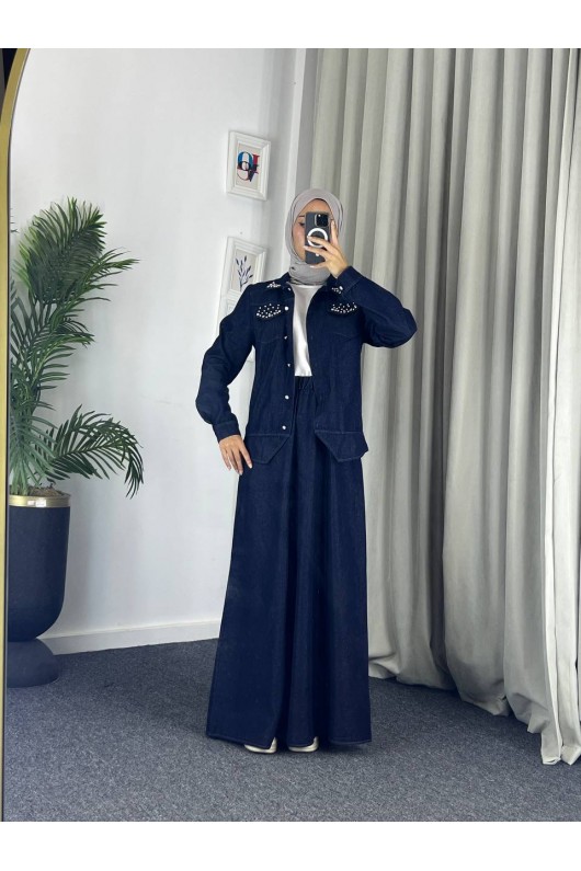 4090 - Kot Tesettür İkili Takım Laci̇vert E-5