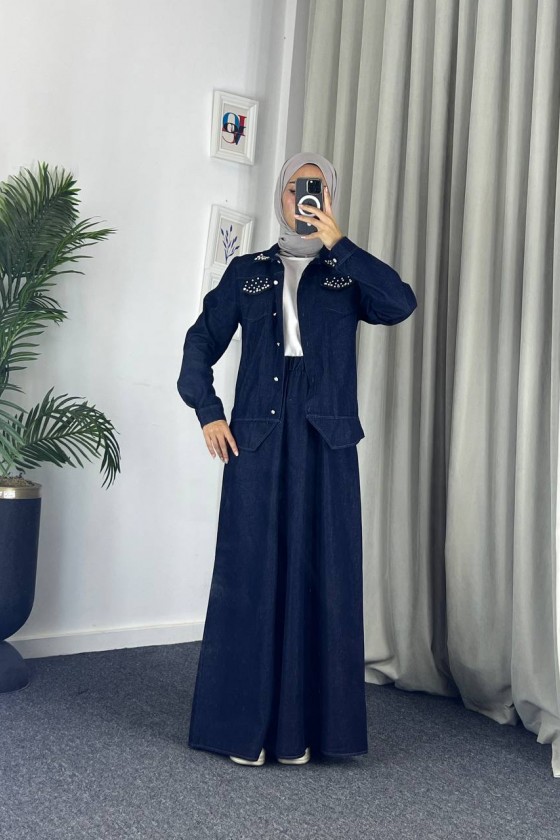 4090 - Kot Tesettür İkili Takım Laci̇vert E-5