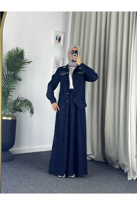 4090 - Kot Tesettür İkili Takım Laci̇vert E-5