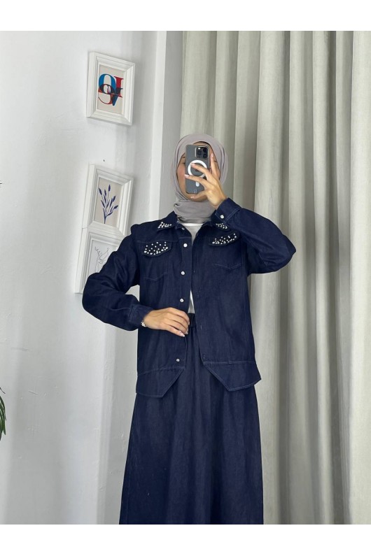 4090 - Kot Tesettür İkili Takım Laci̇vert E-5