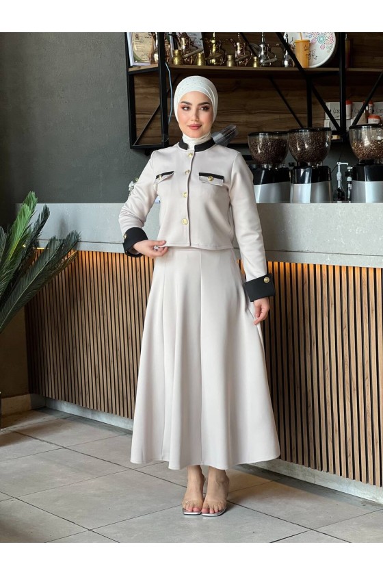 4515 - Scuba Kumaş İkili Tesettür Takım Bej E-6